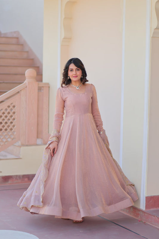 Peach Color Fendy Chiffon With 12 Kali Stitched Gown