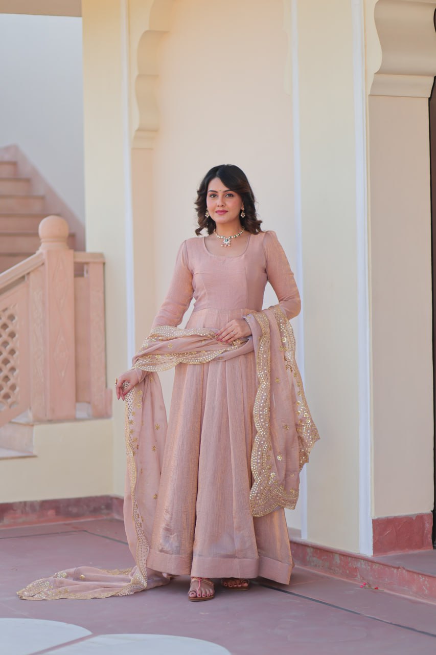 Peach Color Fendy Chiffon With 12 Kali Stitched Gown