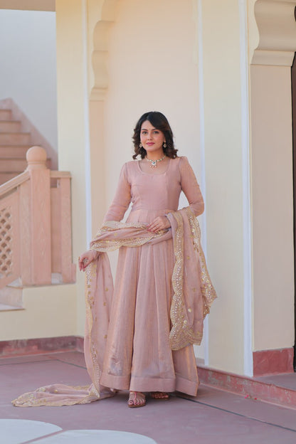Peach Color Fendy Chiffon With 12 Kali Stitched Gown