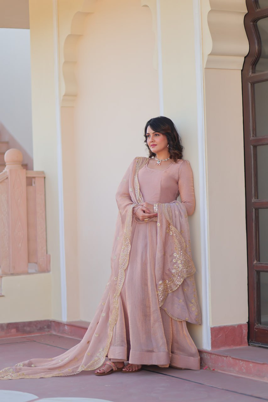 Peach Color Fendy Chiffon With 12 Kali Stitched Gown