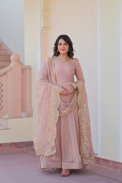 Peach Color Fendy Chiffon With 12 Kali Stitched Gown