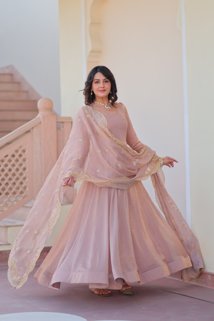 Peach Color Fendy Chiffon With 12 Kali Stitched Gown