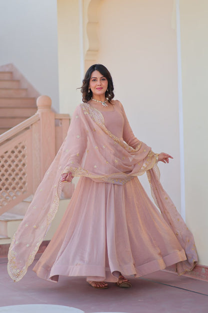 Peach Color Fendy Chiffon With 12 Kali Stitched Gown