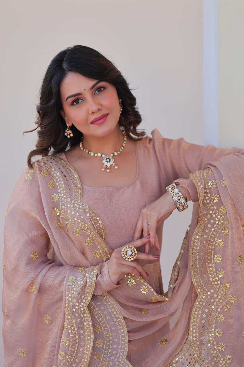 Peach Color Fendy Chiffon With 12 Kali Stitched Gown