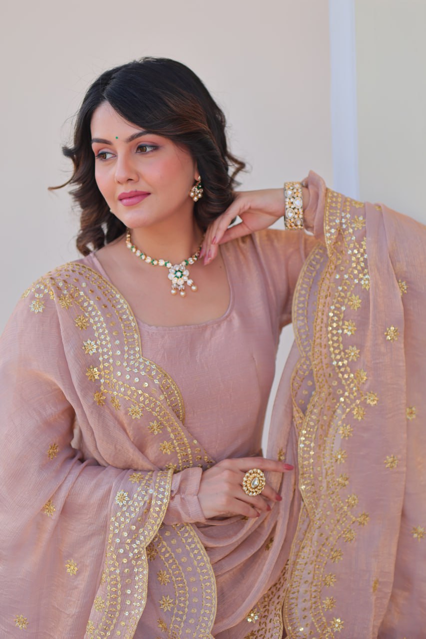 Peach Color Fendy Chiffon With 12 Kali Stitched Gown