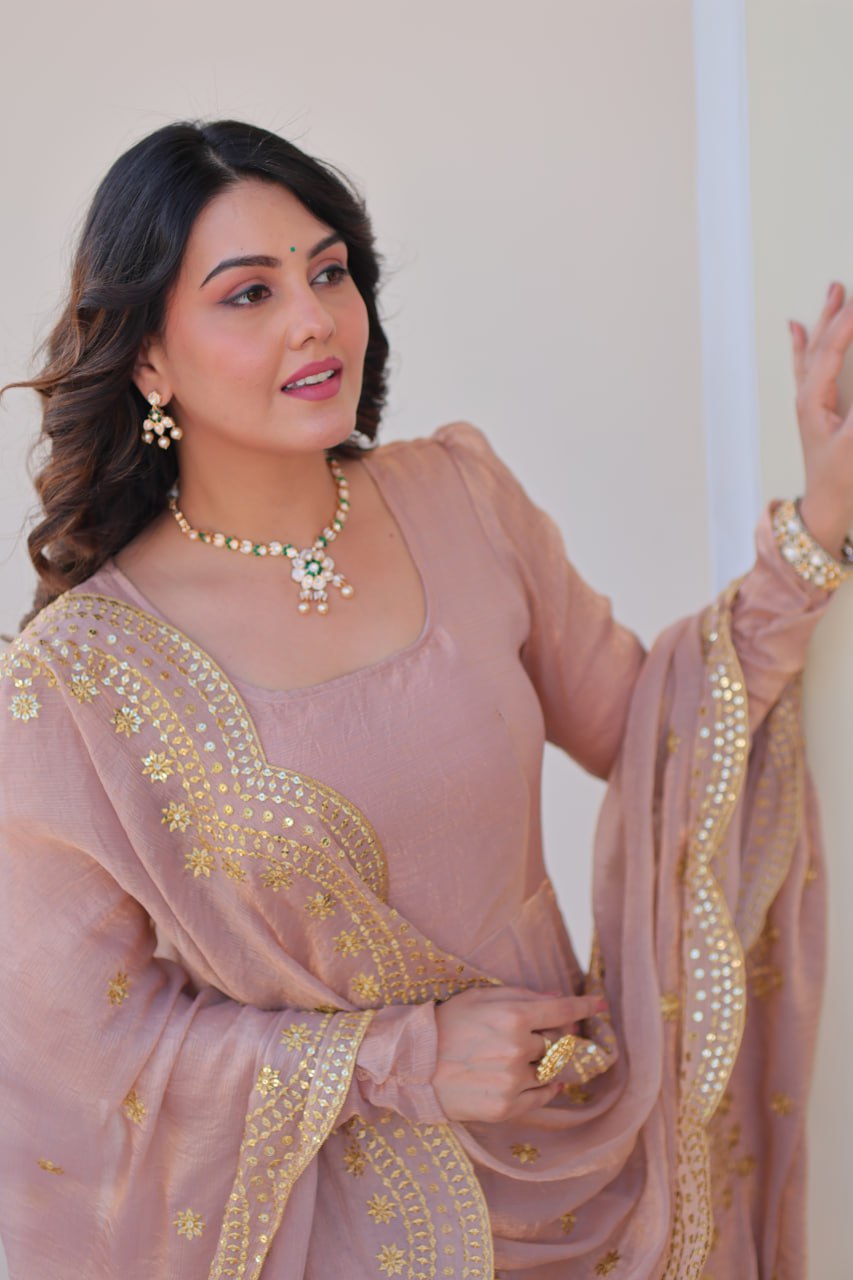 Peach Color Fendy Chiffon With 12 Kali Stitched Gown