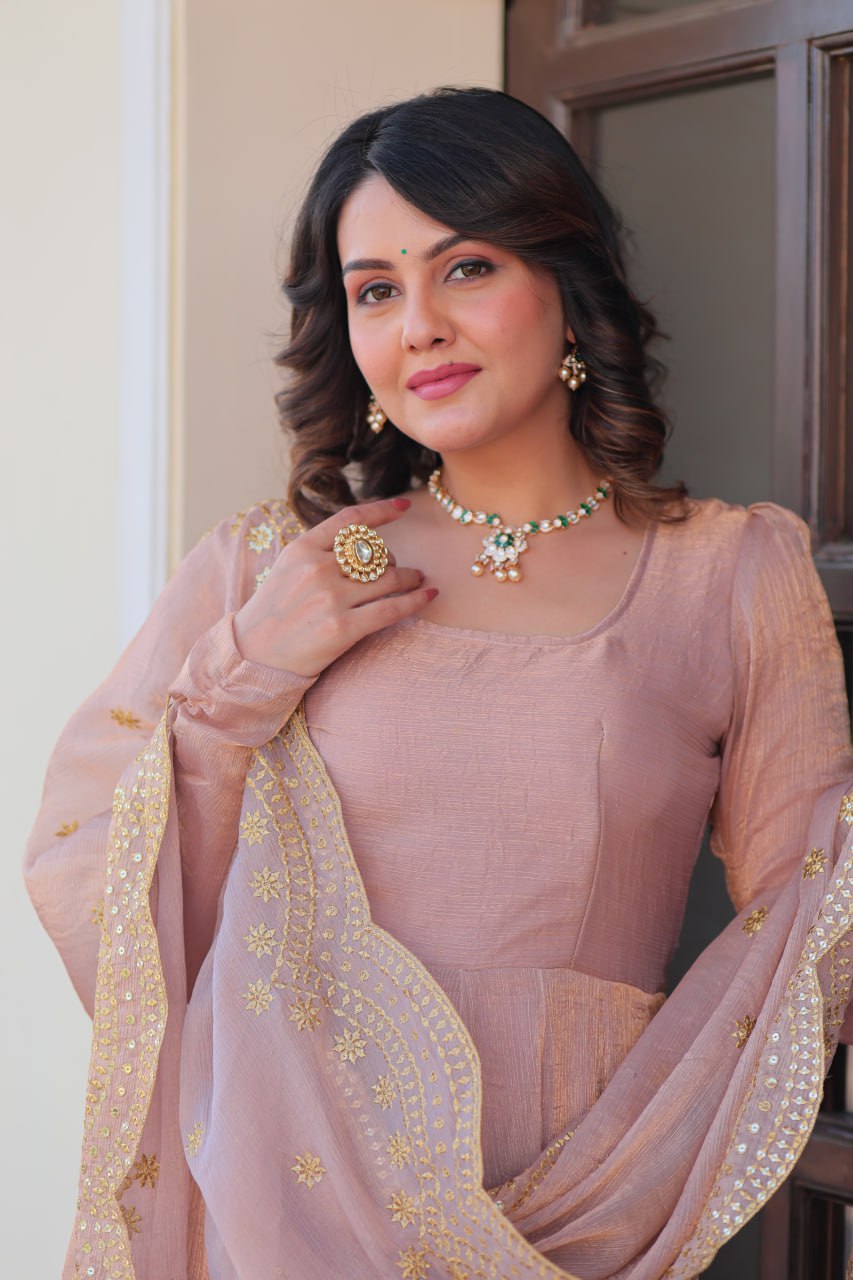 Peach Color Fendy Chiffon With 12 Kali Stitched Gown