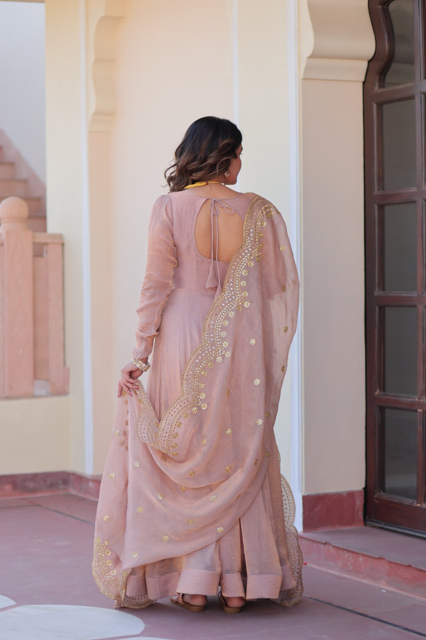 Peach Color Fendy Chiffon With 12 Kali Stitched Gown