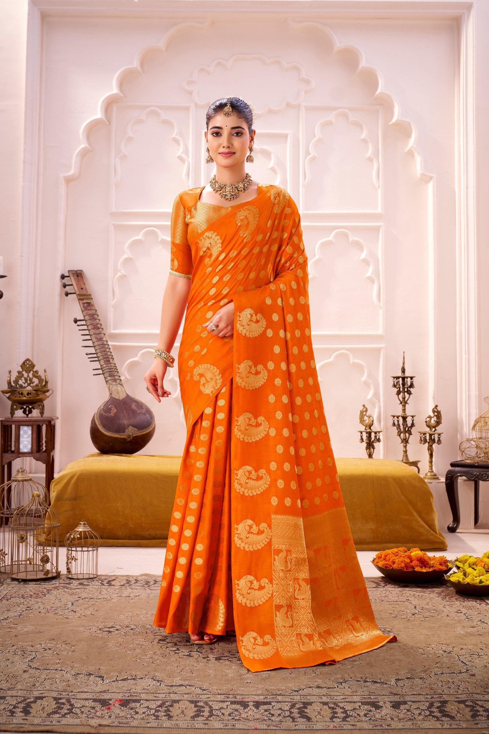 Vibrant Orange Roop Silk Saree with Rich Zari Weaving Work by The Beauty Queen Surat