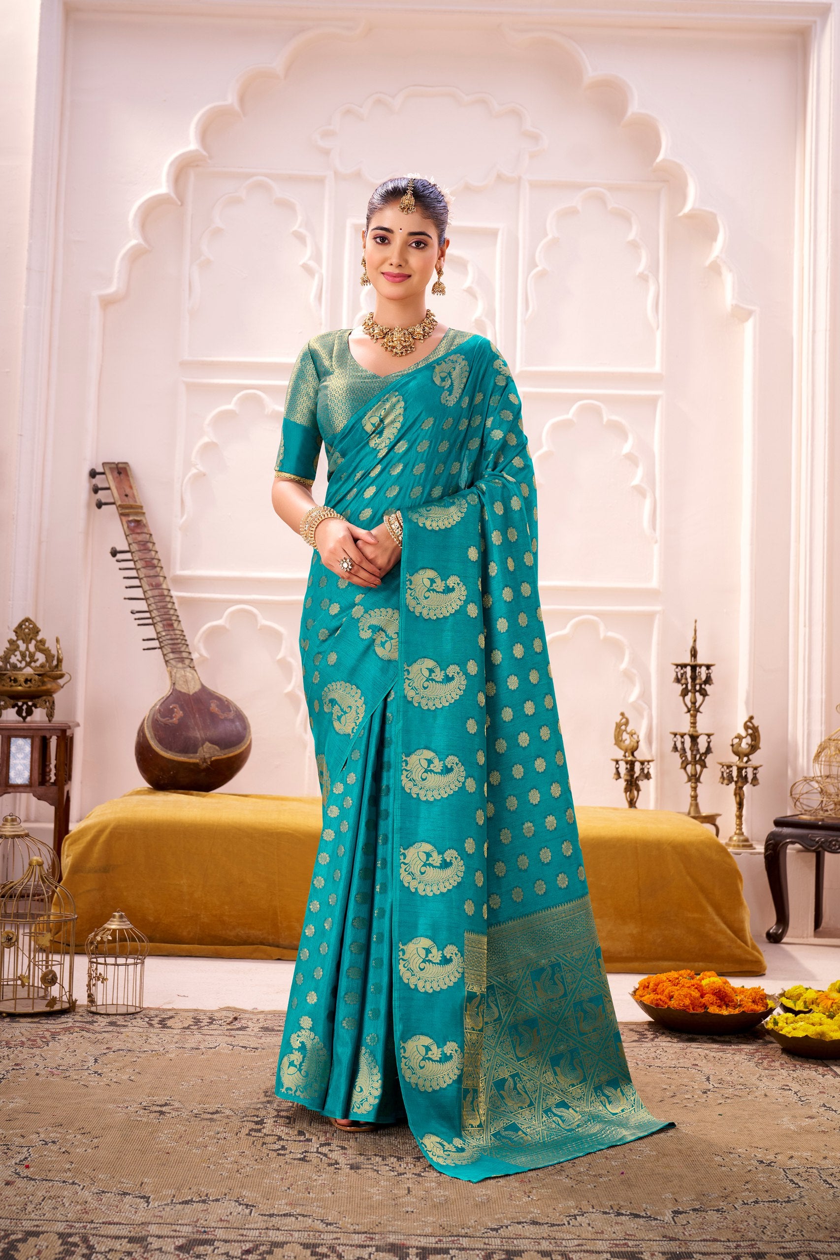 Vibrant Firozi Roop Silk Saree with Rich Zari Weaving Work by The Beauty Queen Surat