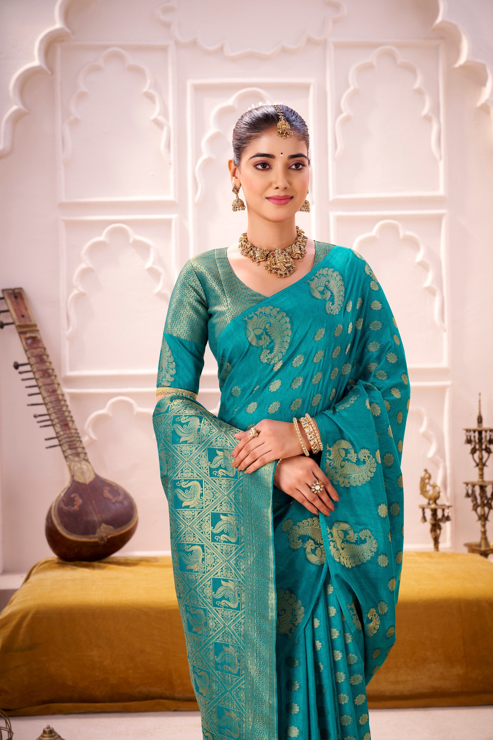 Firozi Roop Silk Saree with Rich Zari Weaving Work & Designer Border