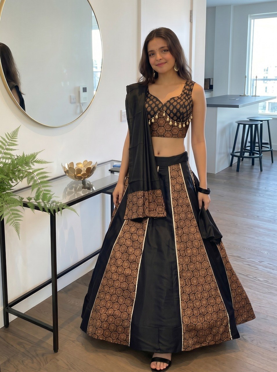 Ready to wear black Navratri lehenga choli cotton Ajrakh print
