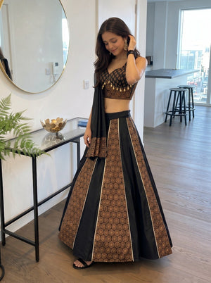 Black Navratri garba lehenga with stitched Ajrakh blouse
