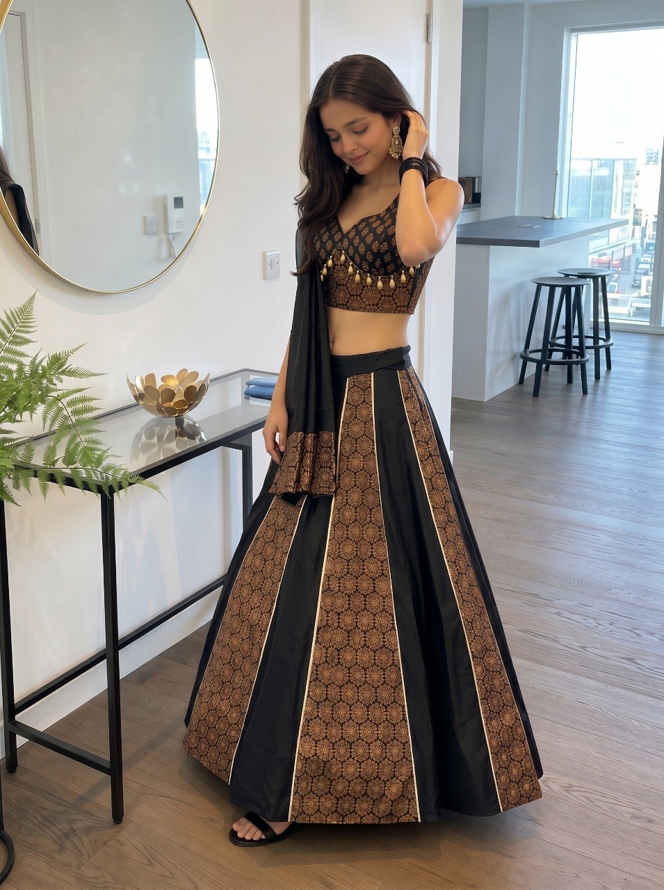 Black Navratri garba lehenga with stitched Ajrakh blouse
