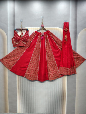 Festive red Ajrakh lehenga for garba and dandiya nights
