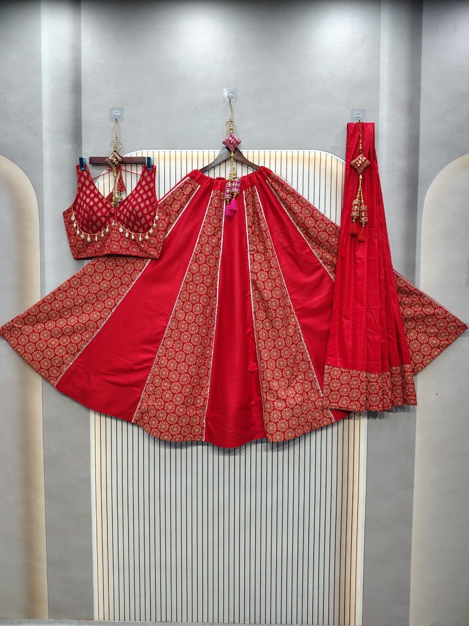 Festive red Ajrakh lehenga for garba and dandiya nights
