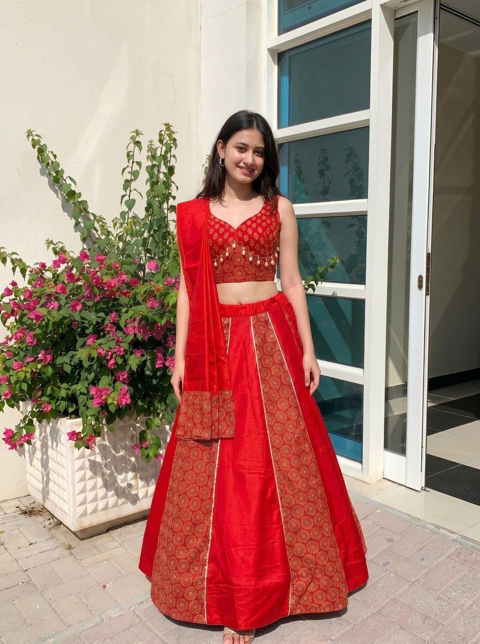 Ready to wear red Ajrakh print Navratri lehenga choli cotton
