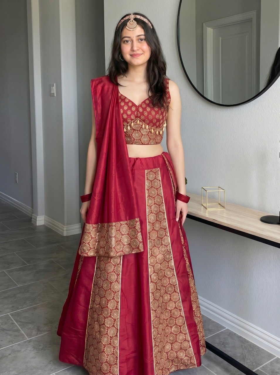 Ready to wear maroon Navratri lehenga choli cotton brocade
