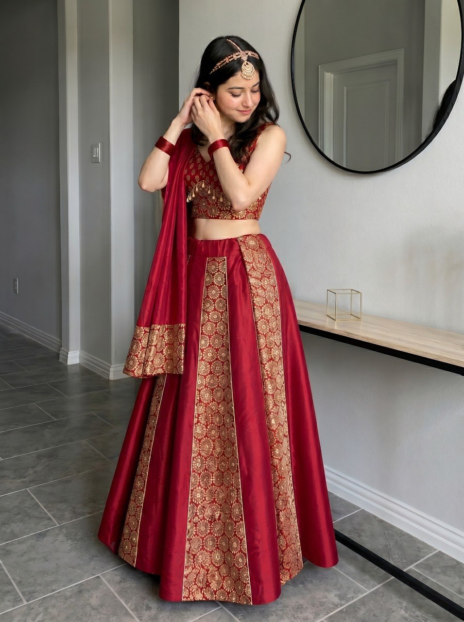 Maroon Navratri garba lehenga with stitched brocade blouse
