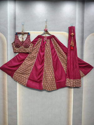 Festive maroon Navratri lehenga with gold lace trim
