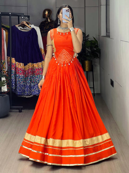Orange Pure Rayon Cotton Gamthi With Real Mirror Work Navratri Lehenga Choli