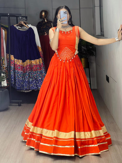 Orange Pure Rayon Cotton Gamthi With Real Mirror Work Navratri Lehenga Choli