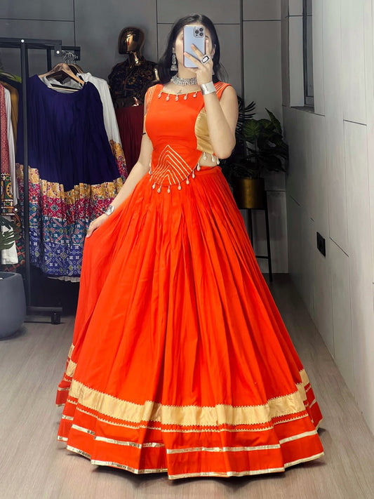 Orange Pure Rayon Cotton Gamthi With Real Mirror Work Navratri Lehenga Choli