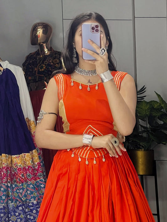 Orange Pure Rayon Cotton Gamthi With Real Mirror Work Navratri Lehenga Choli