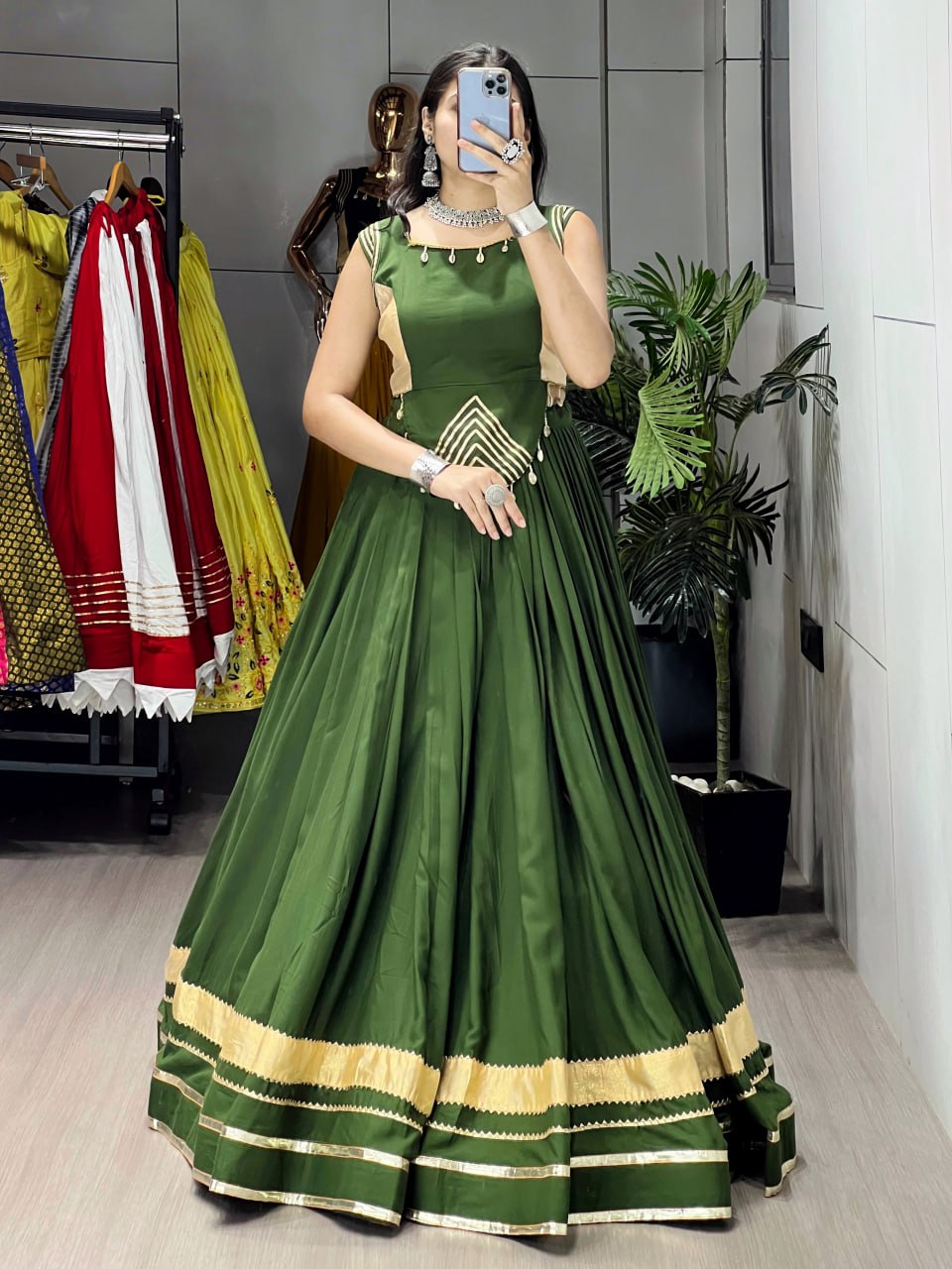 Mehandi Pure Rayon Cotton Gamthi With Real Mirror Work Navratri Lehenga Choli