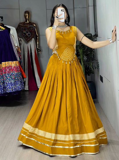Musterd Pure Rayon Cotton Gamthi With Real Mirror Work Navratri Lehenga Choli