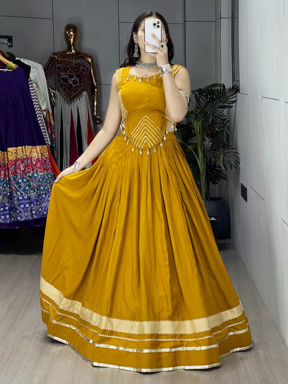 Musterd Pure Rayon Cotton Gamthi With Real Mirror Work Navratri Lehenga Choli