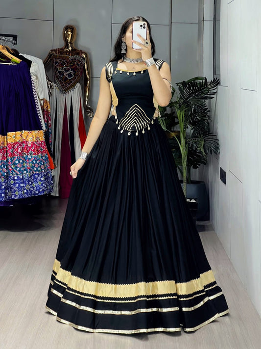 Black Pure Rayon Cotton Gamthi With Real Mirror Work Navratri Lehenga Choli