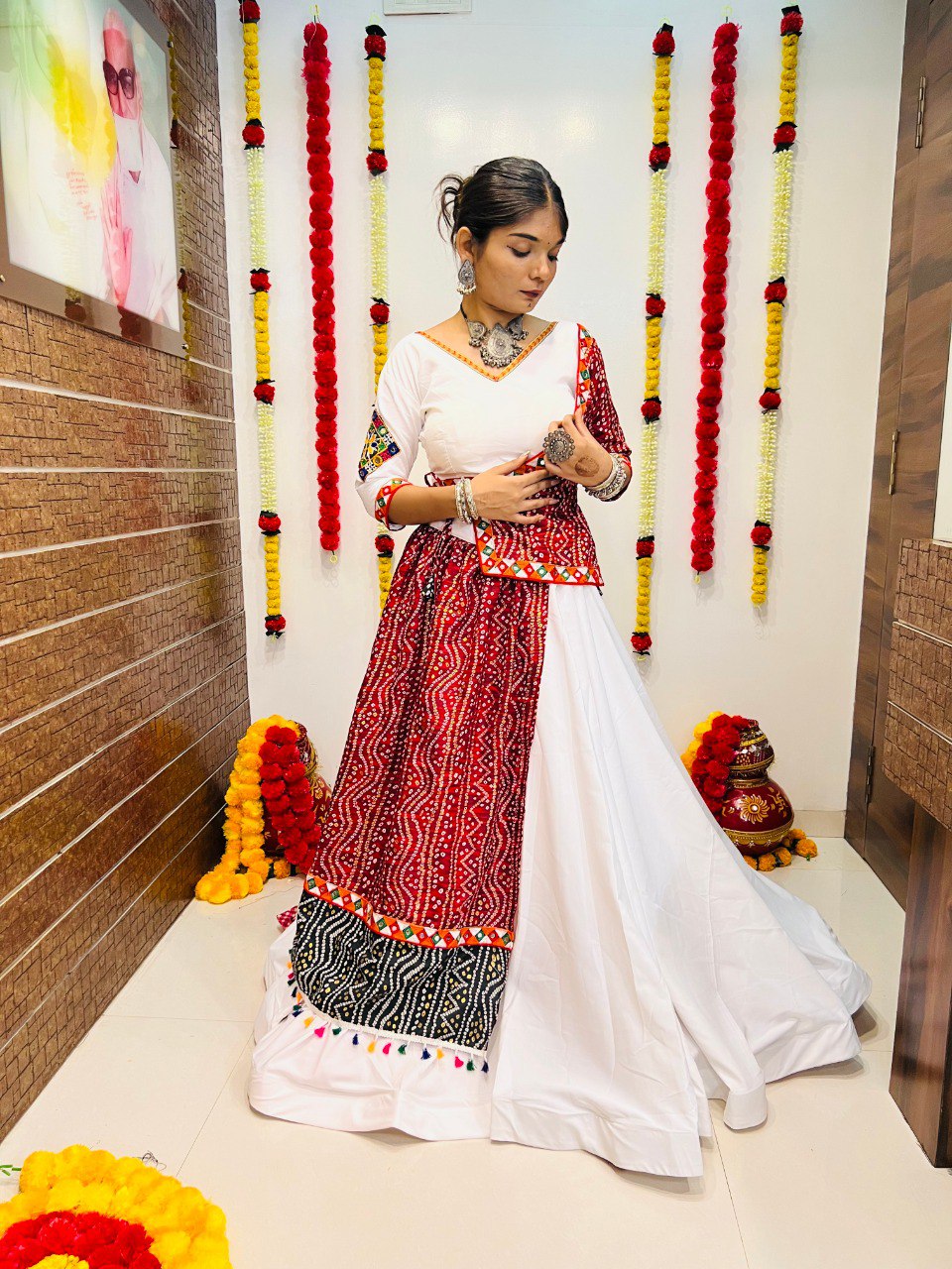 White Pure Cotton Silk Printed With Gamthi Work Butta Lace Work Navratri Lehenga Choli