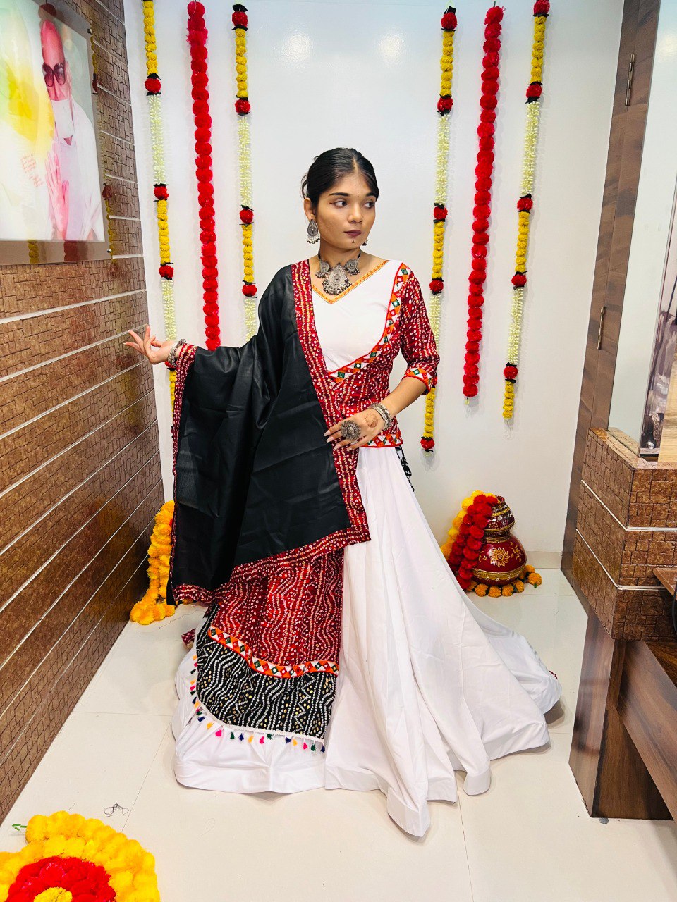 White Pure Cotton Silk Printed With Gamthi Work Butta Lace Work Navratri Lehenga Choli