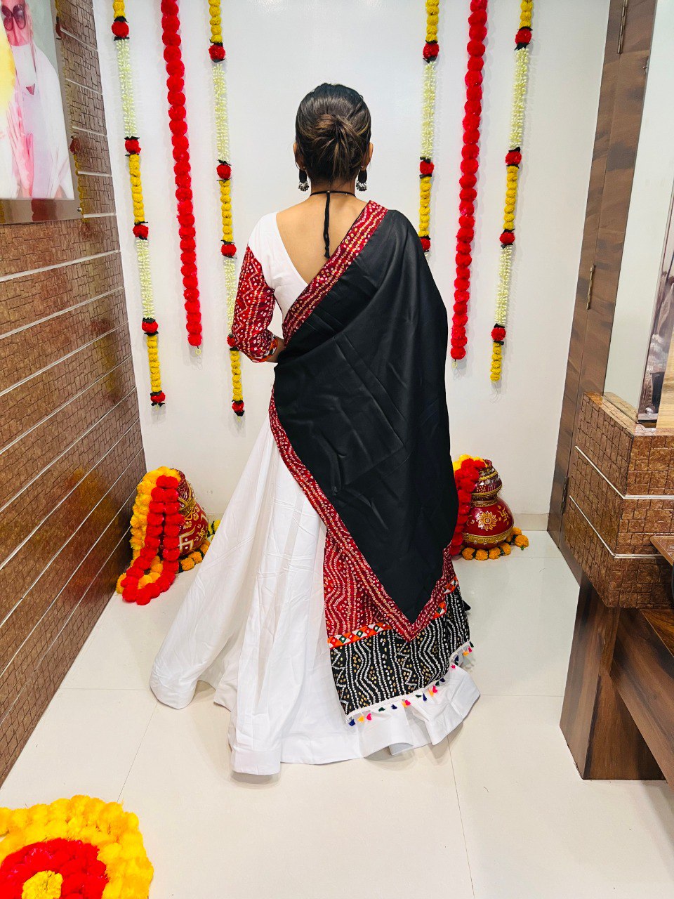 White Pure Cotton Silk Printed With Gamthi Work Butta Lace Work Navratri Lehenga Choli