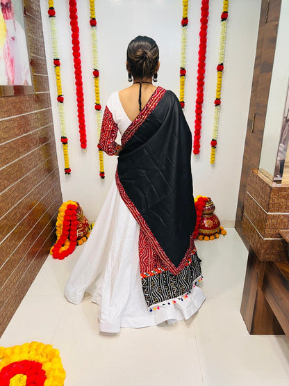 White Pure Cotton Silk Printed With Gamthi Work Butta Lace Work Navratri Lehenga Choli