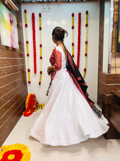 White Pure Cotton Silk Printed With Gamthi Work Butta Lace Work Navratri Lehenga Choli
