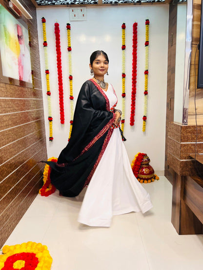 White Pure Cotton Silk Printed With Gamthi Work Butta Lace Work Navratri Lehenga Choli