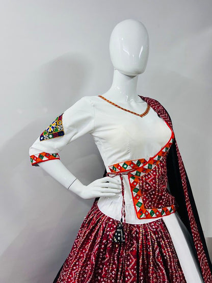 White Pure Cotton Silk Printed With Gamthi Work Butta Lace Work Navratri Lehenga Choli