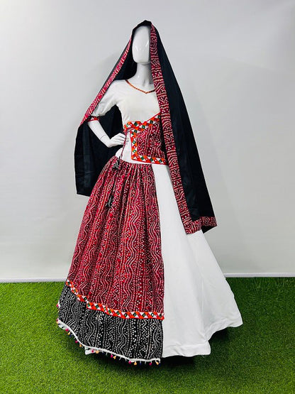 White Pure Cotton Silk Printed With Gamthi Work Butta Lace Work Navratri Lehenga Choli