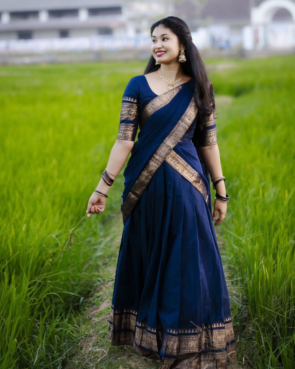 Navy Blue Kanci Cotton Half Saree with Traditional Gold Zari Weaving Work by The Beauty Queen Surat