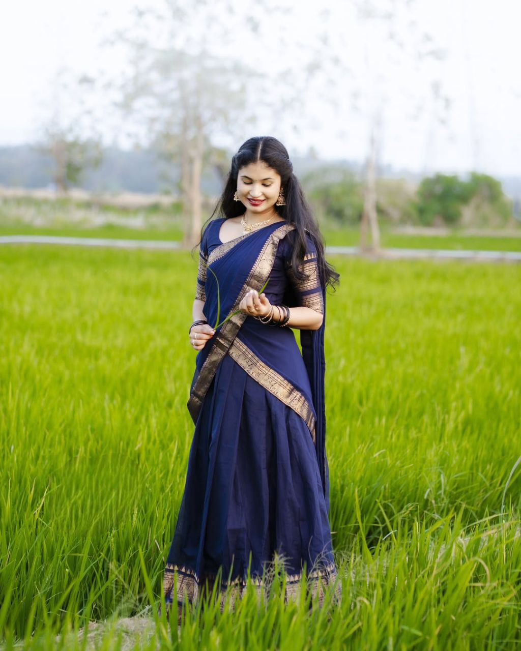 Navy Blue Kanci Cotton Half Saree – Traditional Gold Zari Weaving Langa Voni Set