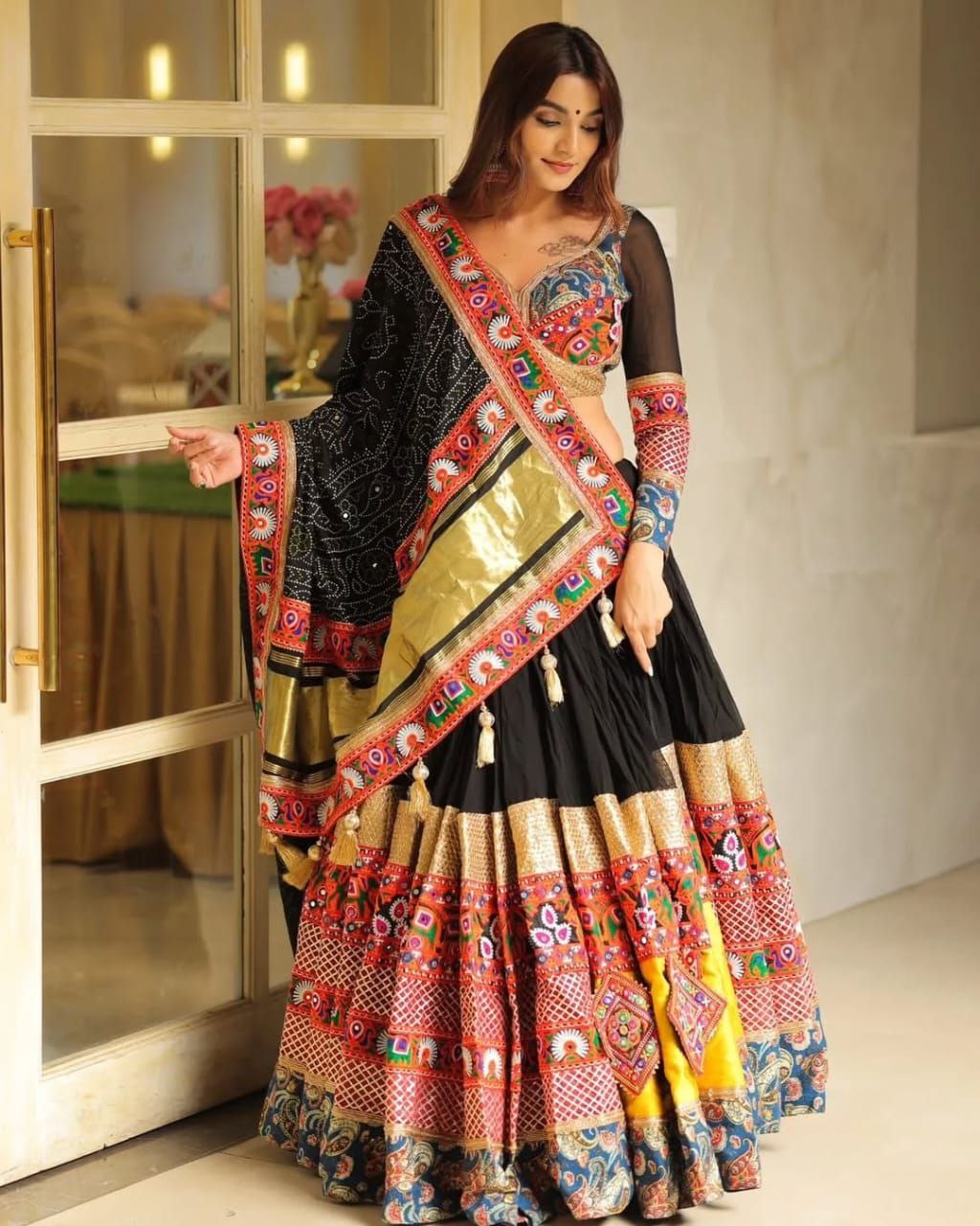 Black Multicolor Digital Print Real Mirror Work Navratri Lehenga Choli