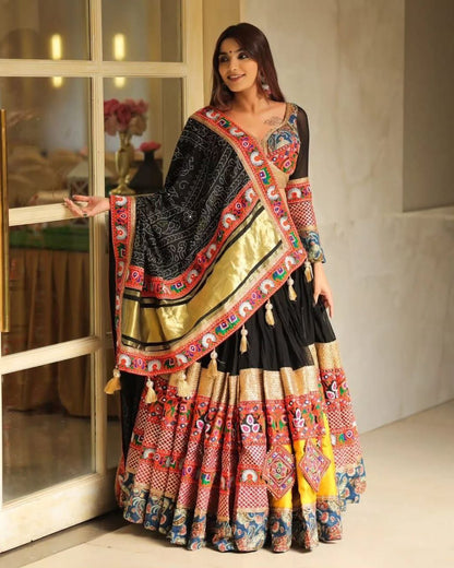 Black Multicolor Digital Print Real Mirror Work Navratri Lehenga Choli
