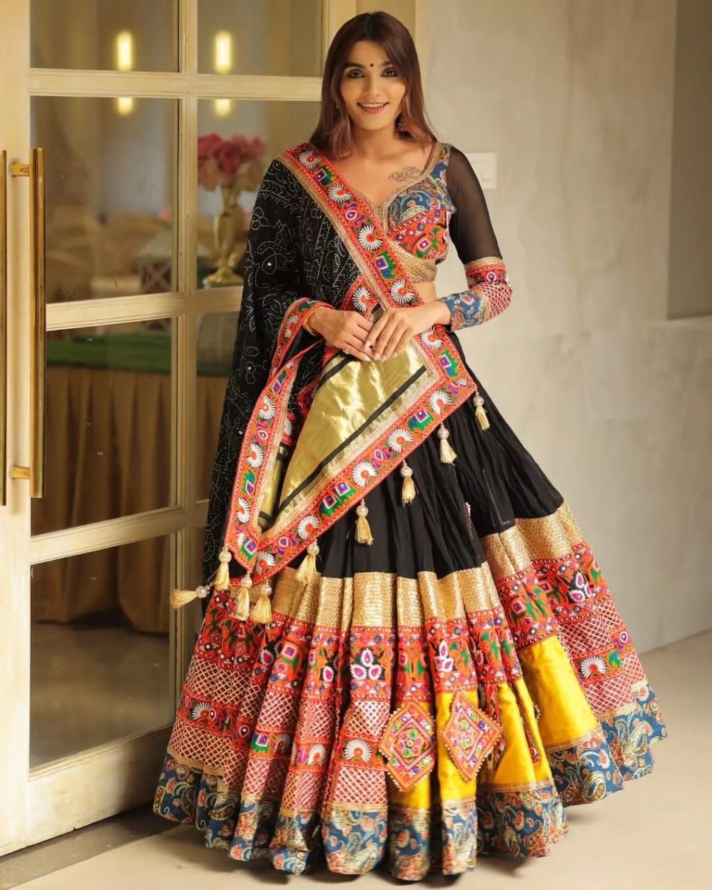 Black Multicolor Digital Print Real Mirror Work Navratri Lehenga Choli