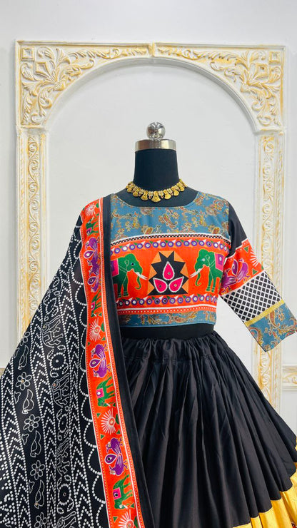 Black Multicolor Digital Print Real Mirror Work Navratri Lehenga Choli