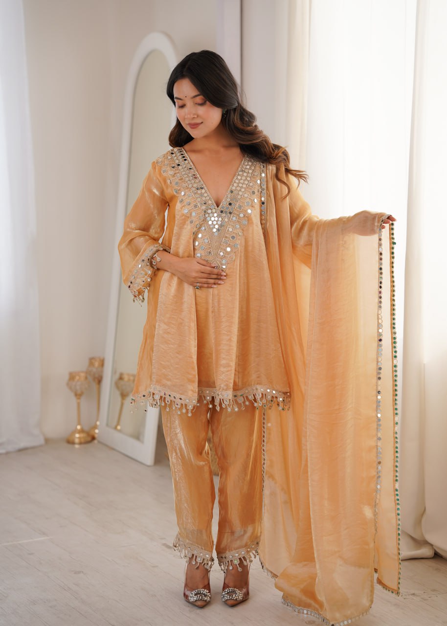 Chiku Fendy Fabric With Real Mirror With Coding Embroidered Lace Work Suit