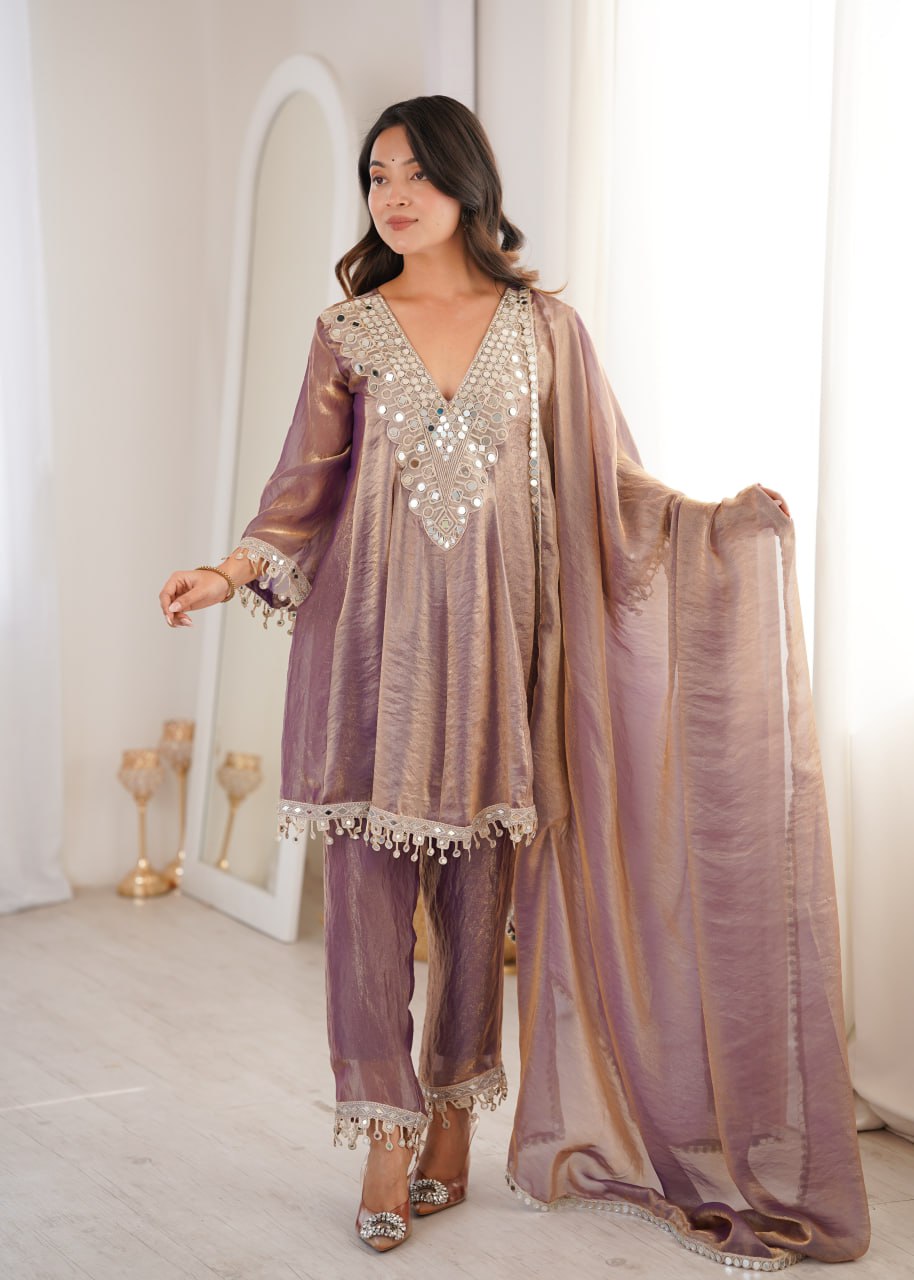 Purple Fendy Fabric With Real Mirror With Coding Embroidered Lace Work Suit