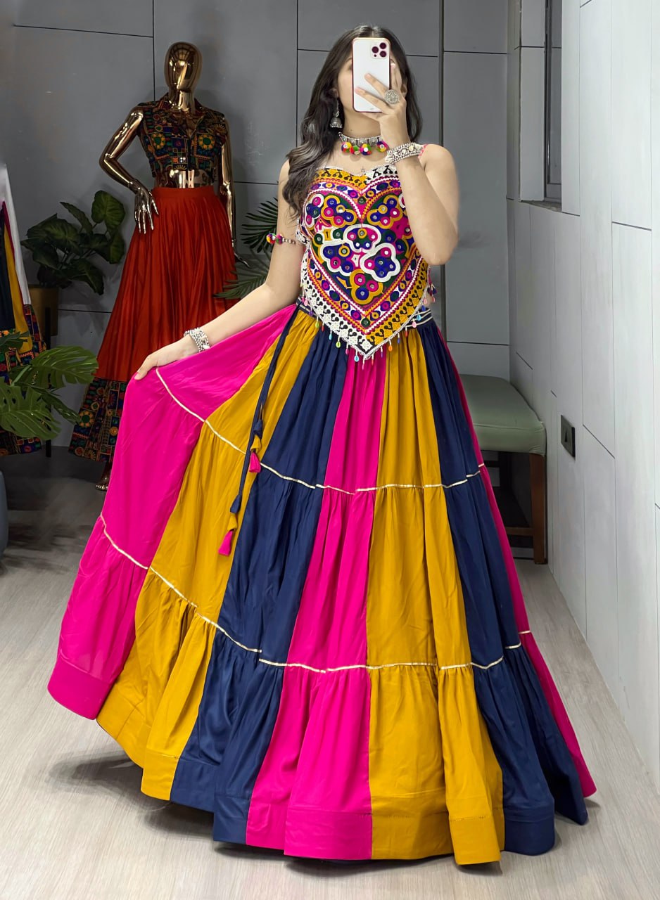 Multicolor Pure Rayon Cotton Traditional Gota Patti Work Navratri Lehenga Choli