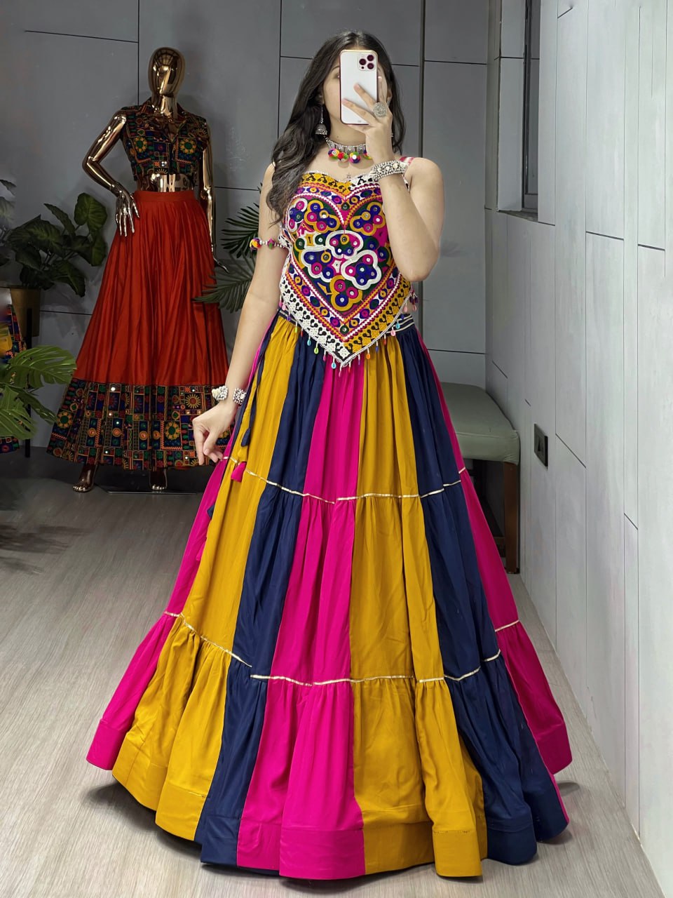 Multicolor Pure Rayon Cotton Traditional Gota Patti Work Navratri Lehenga Choli
